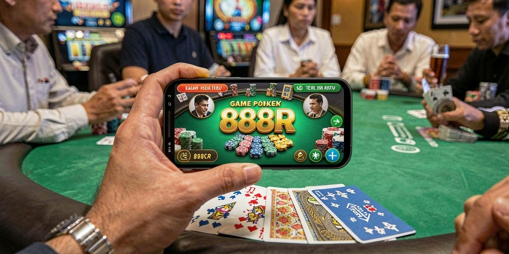 Menampilkan gameplay seru pada aplikasi Poker 888R.