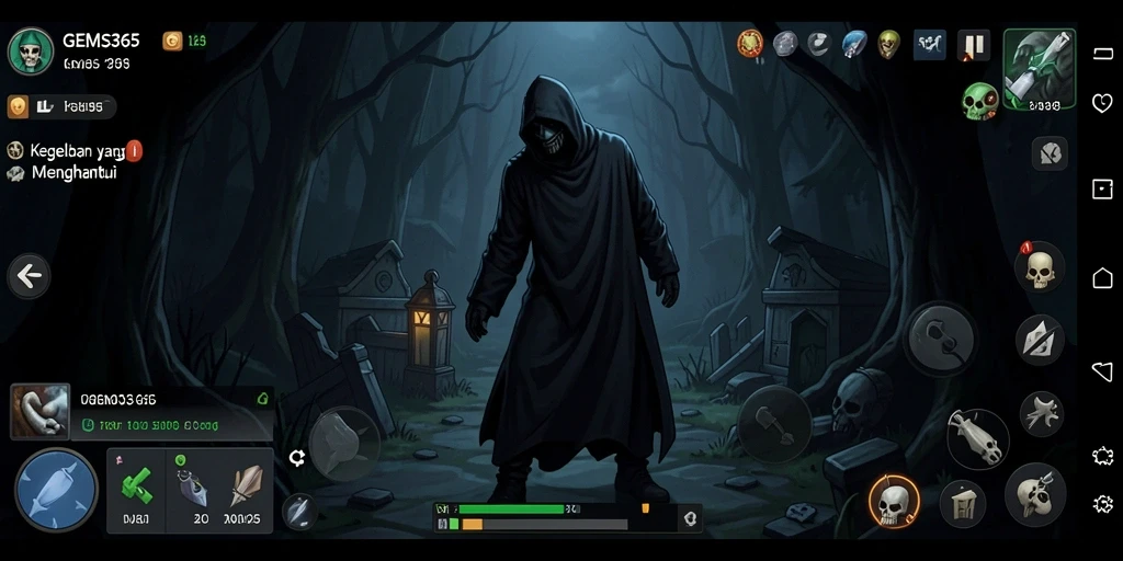 Tampilan gameplay menegangkan dari GEMS365 dengan suasana kelam.