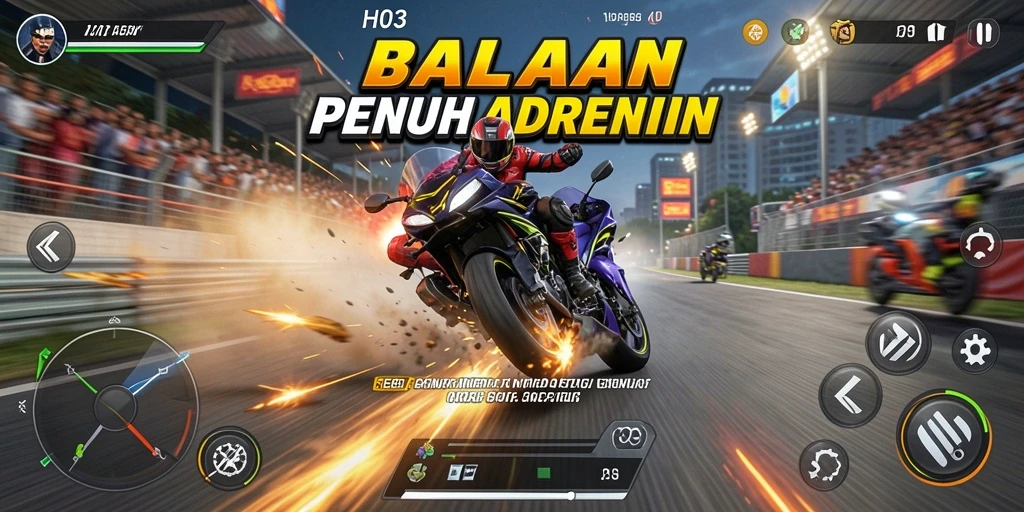 Tampilan gameplay H03 yang penuh aksi balapan motor.