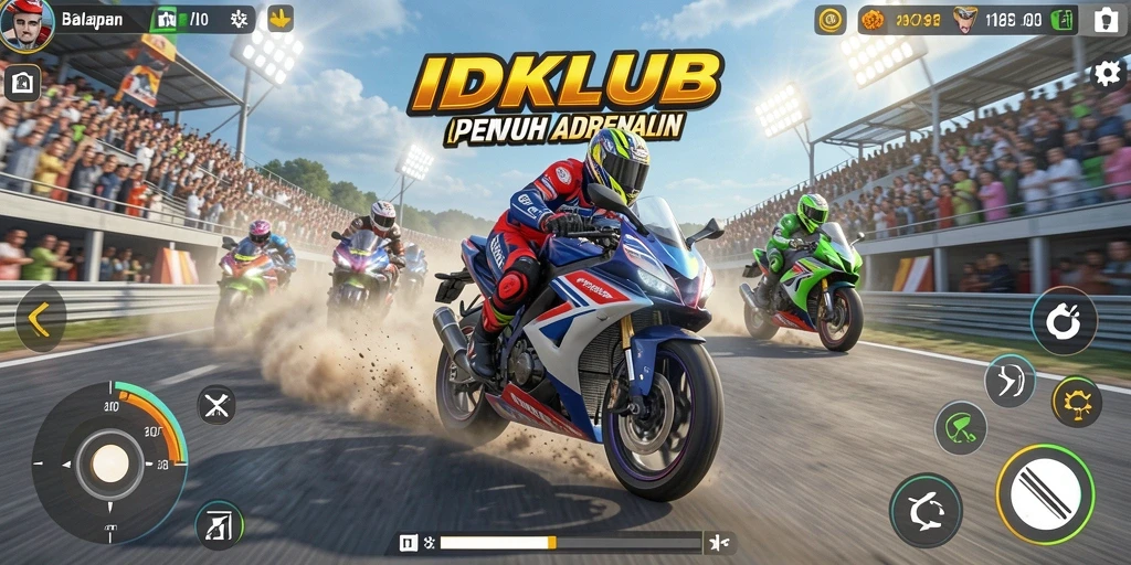 Screenshot gameplay IDKLUB menampilkan aksi balapan motor yang seru.