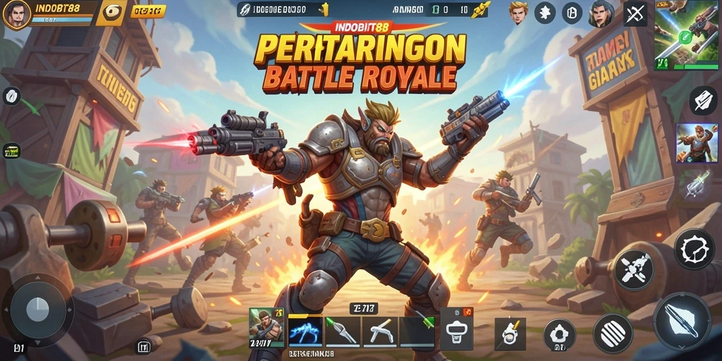 Screenshot gameplay INDOBIT88 dengan pertarungan intens di Battle Royale.