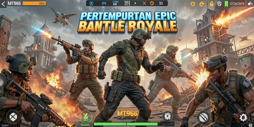 Screenshot gameplay MT966 yang menampilkan aksi Battle Royale yang mendebarkan.