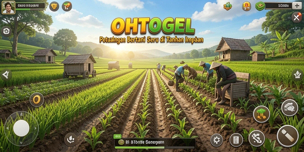 Screenshot gameplay OHTOGEL menampilkan kebun yang rimbun dan hewan ternak.