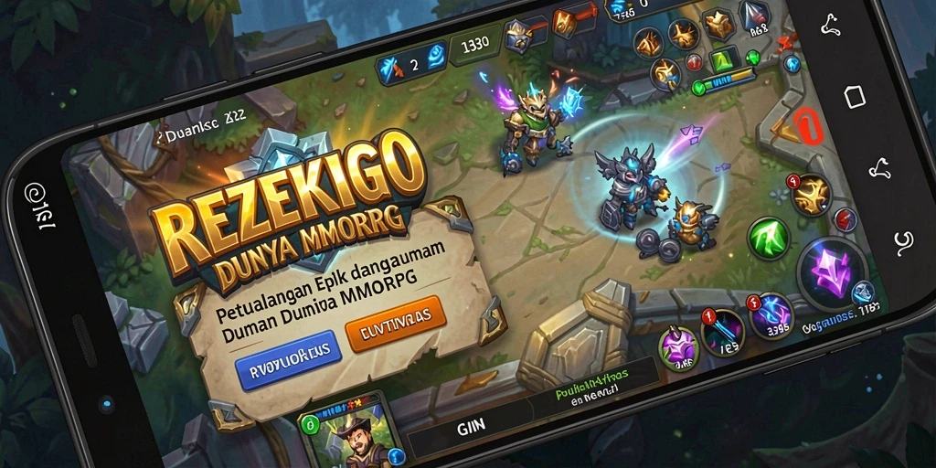 Screenshot gameplay REZEKIGO menampilkan pertempuran seru di dunia fantasi.