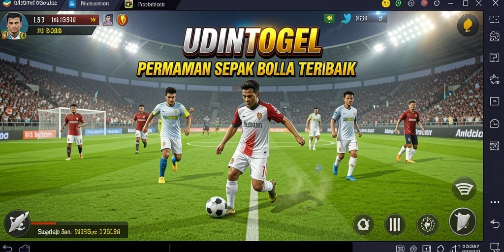 Screenshot utama UDINTOGEL menampilkan aksi menegangkan dalam pertandingan sepak bola.